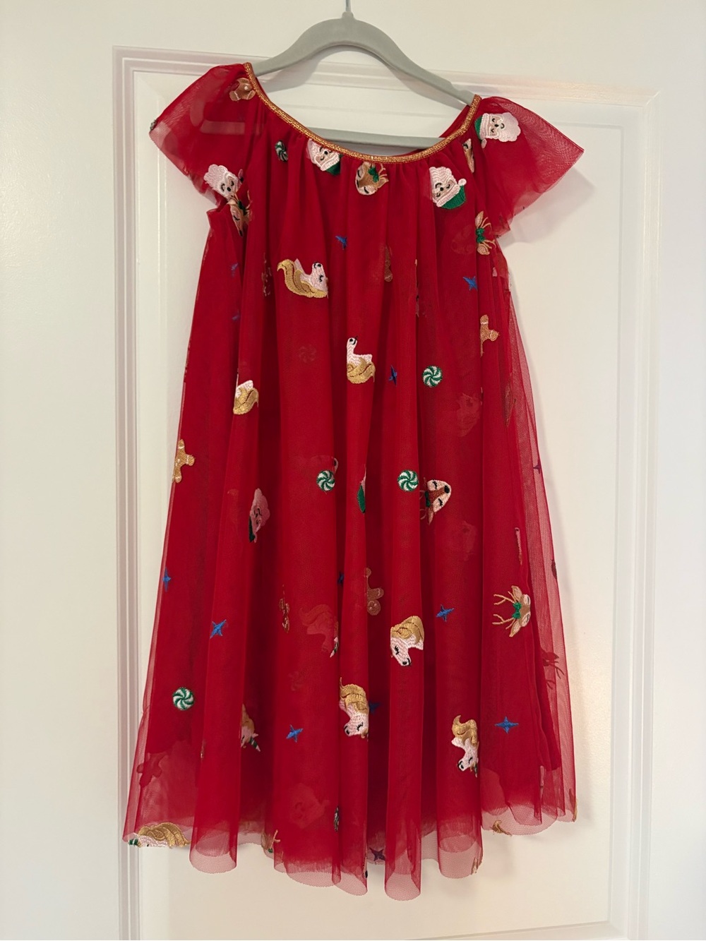 Zunie Red Tulle Party Dress with Gold Trim and Multicolor Embroidery